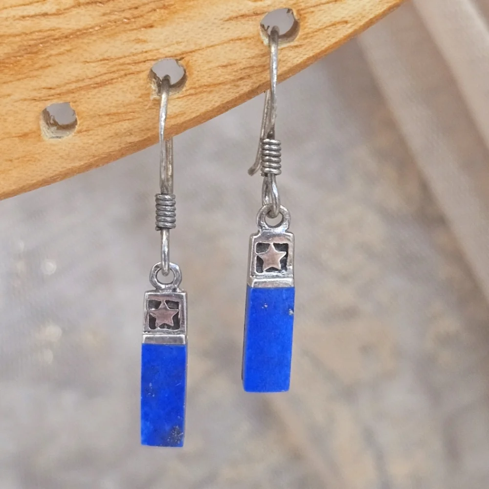 Lapis Lazuli Blue Stone 925 Mexico Delicate Dangle Earrings Sterling Silver